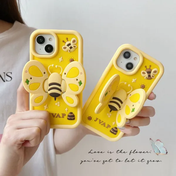Cartoon Creative Bee Stand Phone Case for Phone 16 15 14 13 12 X XR XS Pro Max Fall Proof Soft Silicone Shockproof Cover