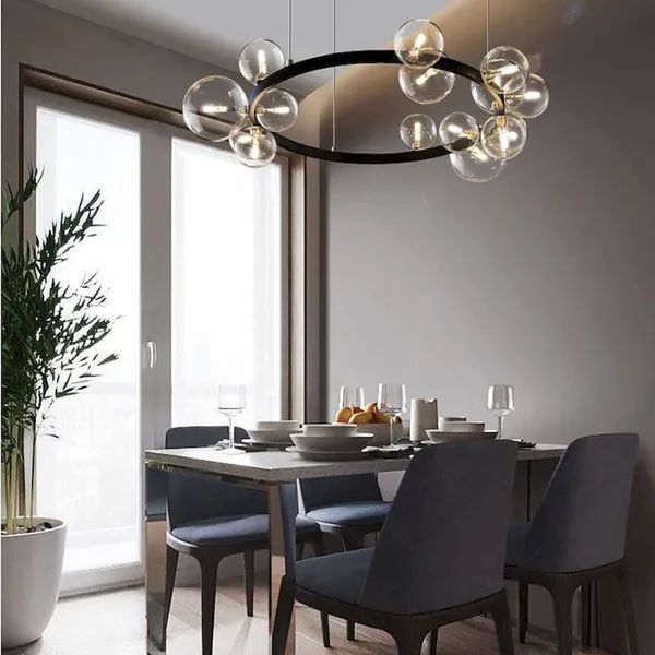 Black Ring Chandelier With Clear Bubble Glass Globes - 15/24-Light