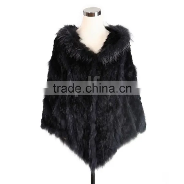 QD0807 Woman Knitted Rabbit Fur Poncho With Raccoon Fur Trim and Bigger Hood