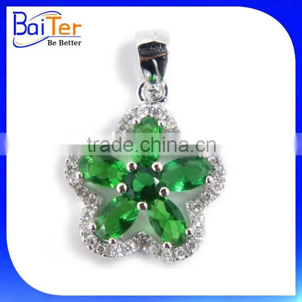 Unique Custom Rhodium Plated CZ 925 Sterling Silver Lab Created Emerald Cross Pendant photo-2