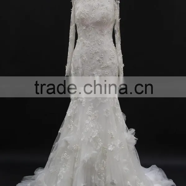 3D Organza Flower Elegant Mermaid Imported Lace Applique Long Sleeve Straigt Neckline Wedding Dress
