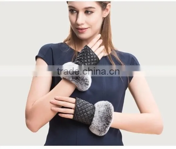 Fingerless Gloves Sheepskin Gloves Mittens With Rex Rabbit Fur Trim For Winter Lady photo-4
