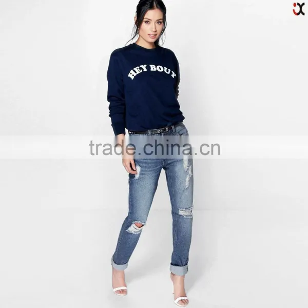 Knee Hole Women Rolled-up Style Deep Cuff Boyfriend Jeans (JXA022)