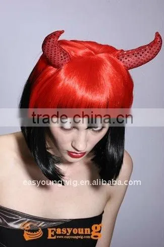 Cheap Synthetic Red Color Party Witch Hair Wig, Devil Wigs With Horns photo-2