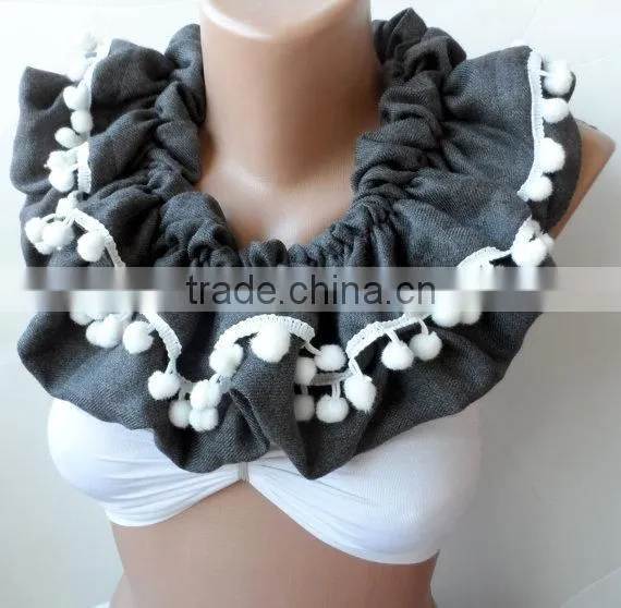 Scarf,Gray Loop Scarf, Ruffle Scarf, Gray Infinity Scarf, Circle, Gray Pashmina,Christmas Scarfs, Pompom Scarf, Fashion,cowl Sca photo-5