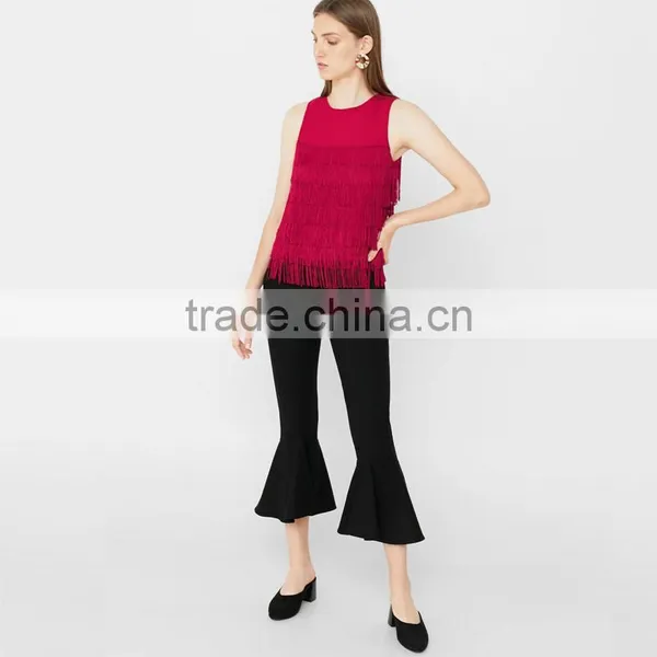 Red Sleeveless Blouses With Tassels 2018 Womens Fringed Tops photo-5