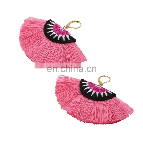 Small Hot Pink Half Moon Tribal Embroidery Earrings photo-4