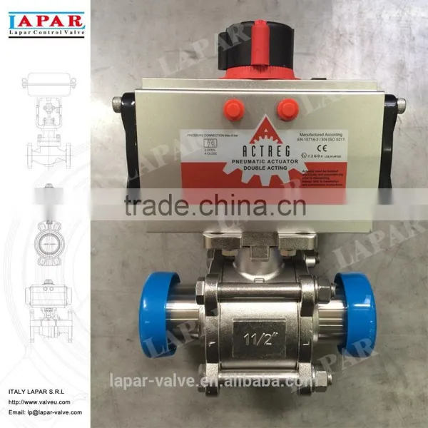 LAPAR Fulled Cavity Seat Pneumatic Sanitary Ball Valve for Food and BPE Use With ISO Mount Plate Welded Male Clamp End