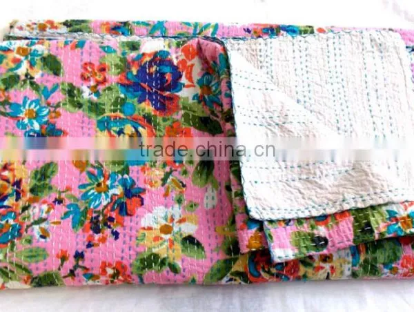 Queen Kantha Quilt Flower Garden Multi Pink Handmade photo-3