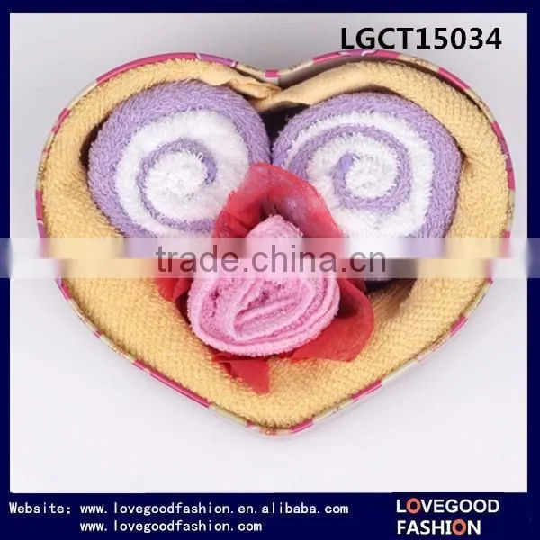 Rose Flower Shape Towel and Swiss Roll Wedding Cake Birthday Towels Set With Tinplate Box