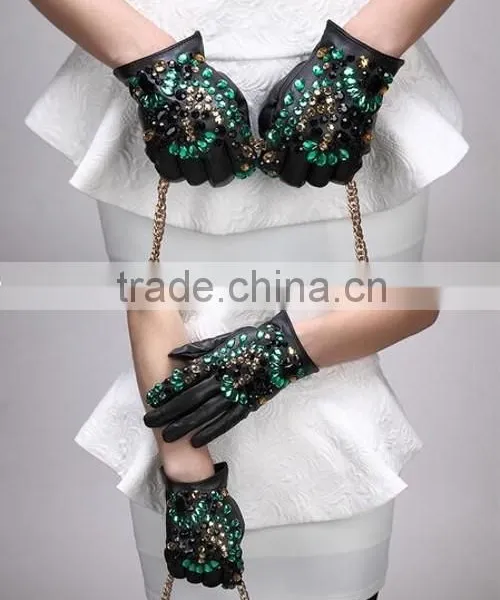 Hot Good Crystal Gloves Leather Handmade Crystal Gloves photo-2