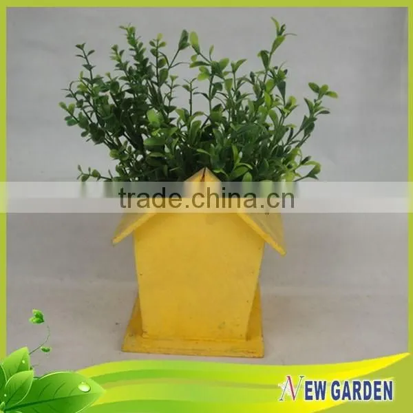 Yellow Wooden Decorative Wheelbarrow Planter For Gardens,House Shape Flower Pot photo-2