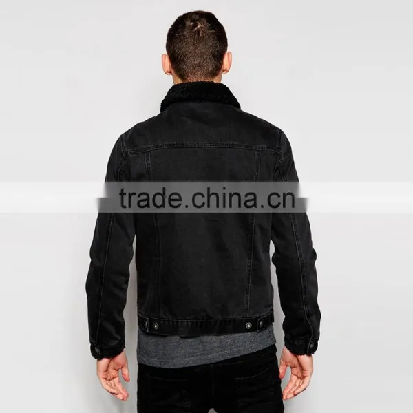 Black Denim Plain Fur Jacket Black Collar Windbreak Overcoat for Men photo-2