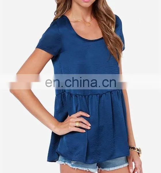 CHEFON Short Sleeve Fluttering Hem Soft Satin Ladies Blouse Ladies Top Fashion Blouse photo-2