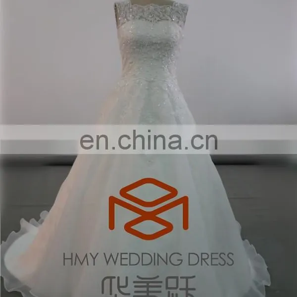HMY-E0081 Lace Top Ornate Beaded Appliques Vestidos de Novia Lace-up Back A-line Wedding Gowns