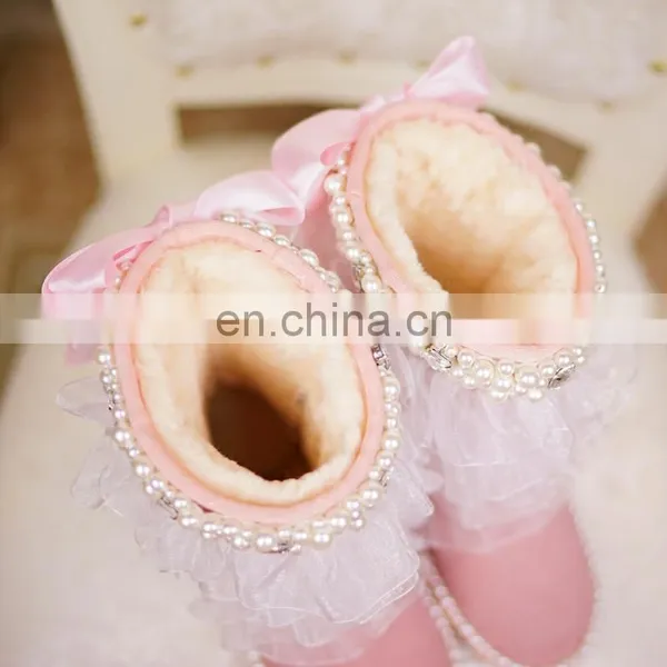 Aidocrystal Women Pink Big Size Models Shoes Sweet Bling Pearls Net Yarn Ankle Boots With Bowknot for Girls photo-4