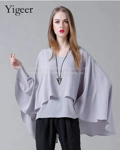 O-Neck Long Sleeve Loose Plus Size Double Layers Chiffon Top Blouse photo-3