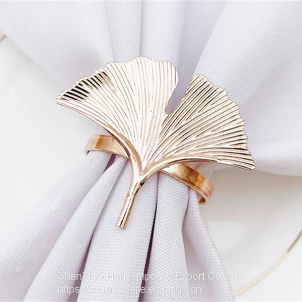 Ginkgo Leaf Plant Metal Napkin Rings Gold Table Cloth Napkin Buckle Holders photo-3