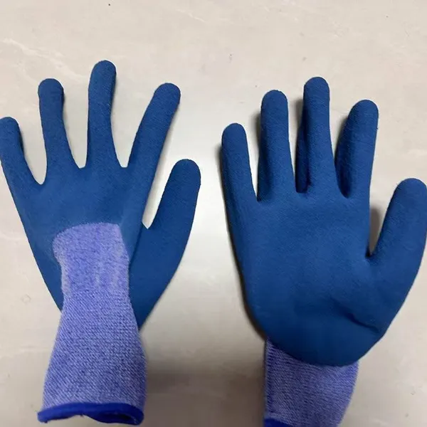 Blue&white Polyester Thread 13 Gauge Knitted Deep Blue Foamed Wrinkled Latex Palm Coated Safety Work Gloves