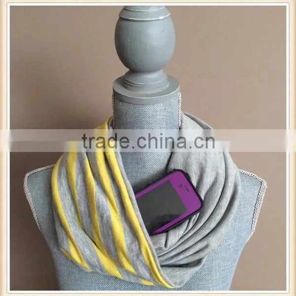 Infinity Scarf With Hidden Pocket - Reversible Heather Grey and Yellow Stripes photo-2