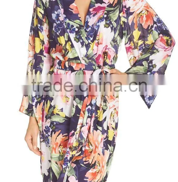 Floral Print Janpanese Kimono Style Robe for Women Long Sleeve Silk Kimono Robes Wholesale Custom Made photo-2