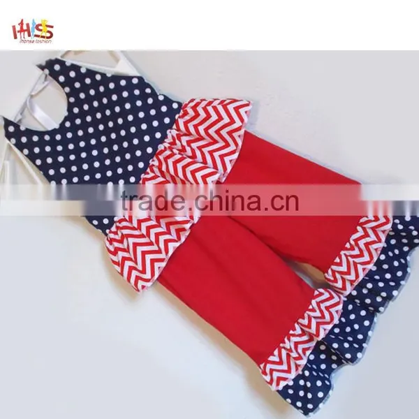 Red White and Blue Polka Dot and Chevrons Ruffled Pant Set Fashion Children Frocks Designs 2016 HSS7861 photo-2