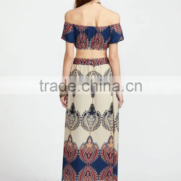 Vintage Print off the Shoulder Crop Top With Skirt Boho Clothing Top and Long Skirt Set photo-3