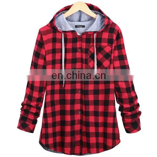 2016 Popular Plaid Hoodie Button Down Ladies Fall Plaid Tops photo-3