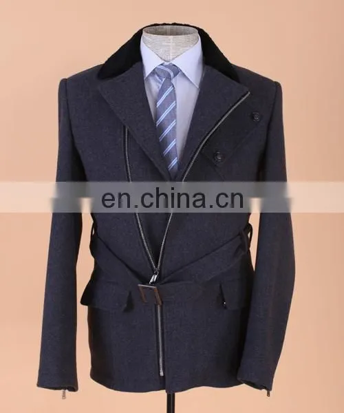 Mens Slim Woolen Zipper Blazer Jacket With Belt