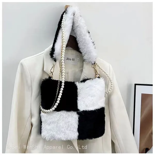 038New Style Plush Bag Splicing Elements Pearl Strap Shoulder Straddle Handbag for Women
