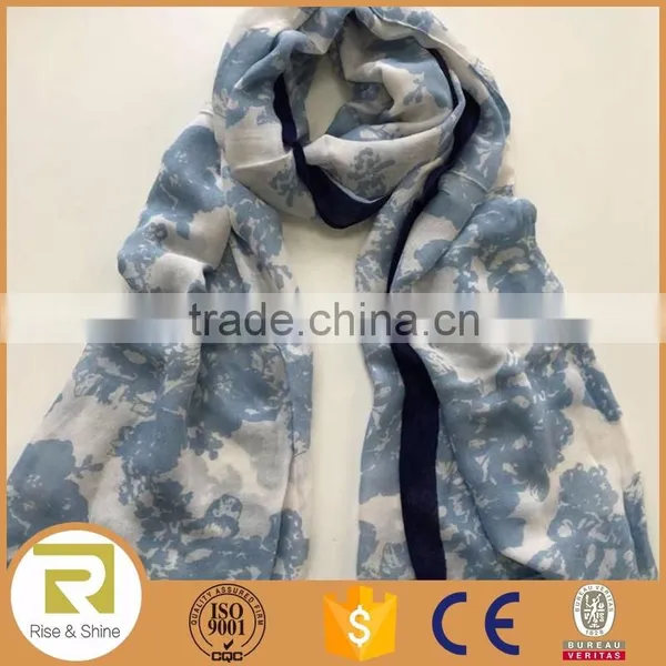 Wholesale 100% Cotton Blue Flower Printed Fringed Shawl Scarf