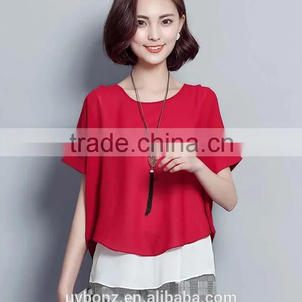 Ladies Double- Layered Office Blouse Shirts Round Neck