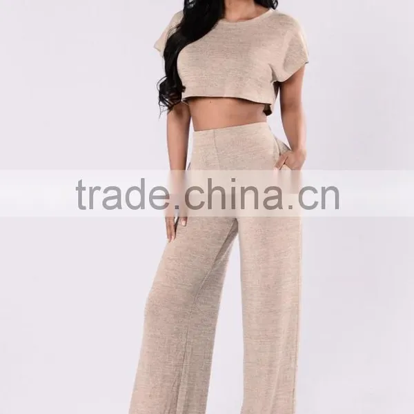 Jump Suit 100 % Polyester Sleeve Crewneck Cropped Length Sweater Knit Top And Wide Leg Pants Women Slim Fit Suits photo-2