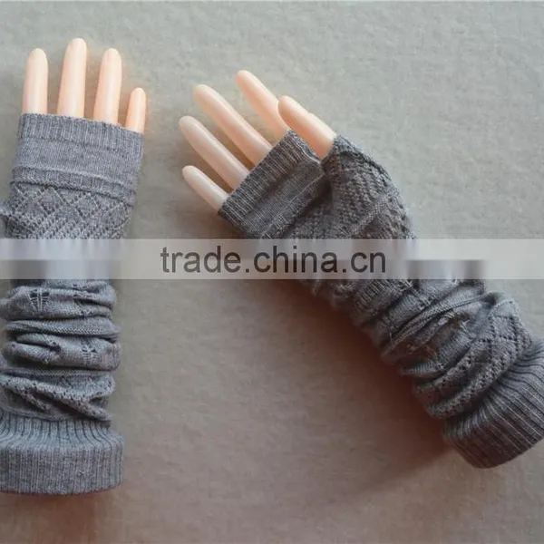 2016 New Design Knitted Elbow Length Winter Gray Grey Fingerless 100% Cashmere Gloves Wholesale Knitting Pattern photo-4