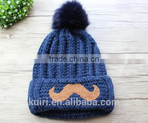 Cartoon Smile Face Lovely Acrylic Knitted With Faux Fur Ball Beanie Women Men Autumn Winter Cap Warm Hat photo-6
