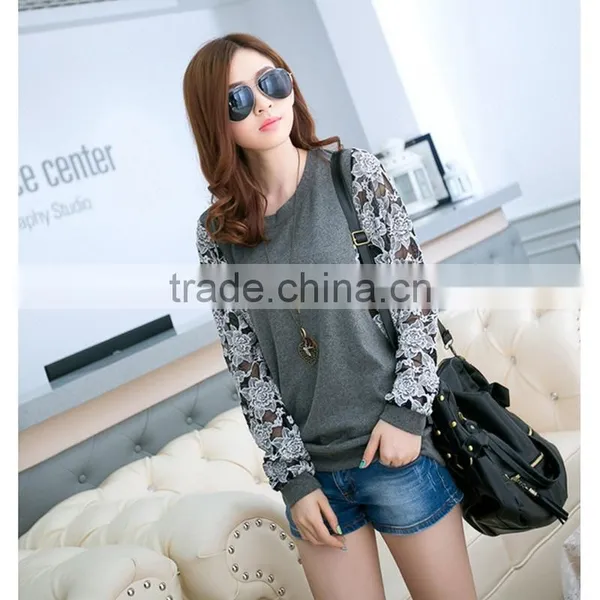 Korean Style Slim Round Neck Long Batwing Sleeve Women Lace Stitching Plus Size Blank T-shirt photo-5