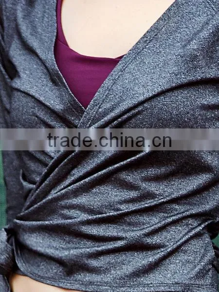 2016 Fashion Wholesale Gray Bandage Surplice Neck Chinlon Cropped Jacket for Womens photo-3