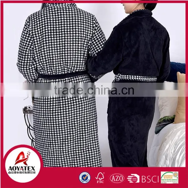 Houndstooth Printed Coral Fleece Long Style Zipper Reversible Bathrobe photo-4