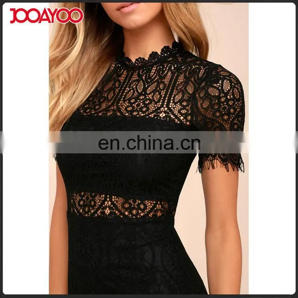 2017 Fashion Short Sleeve Black Lace Midi Bodycon Dress photo-3