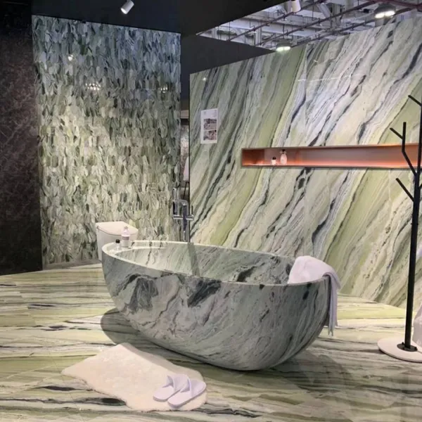 Elegant Shangrila River Jade Green Stone Marble Freestanding Bathtub With Black Veins for Private Residence Contemporary Home photo-2