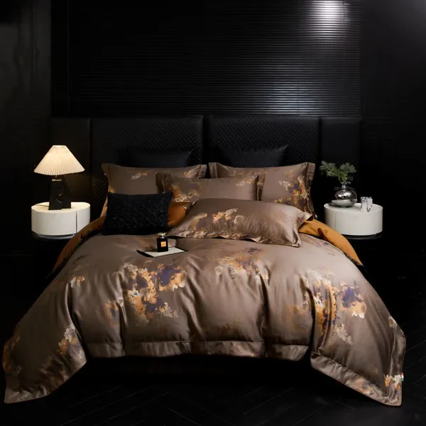 King Size Woven Egyptian Cotton 4‑Piece Bedding Set, Anti‑Pilling Soft Duvet Cover Set, Grey Beige In Stock