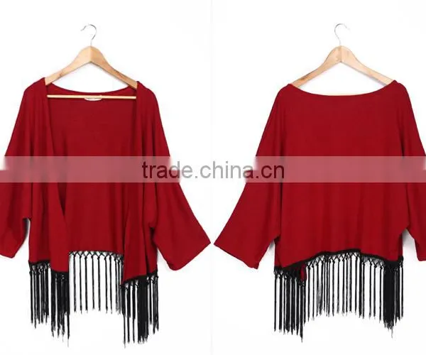 Women Garment Factory Low Price Red Coat Tassel Long Sleeves Tops photo-5