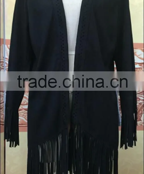 Fashion Casual Women Fringed Suede pu Jacket Without Collar photo-3