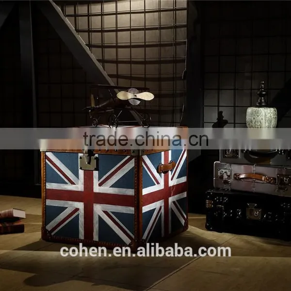 Europe Handmade Antique UK Flag Fabric and Leather Decorative Storage Trunk photo-3
