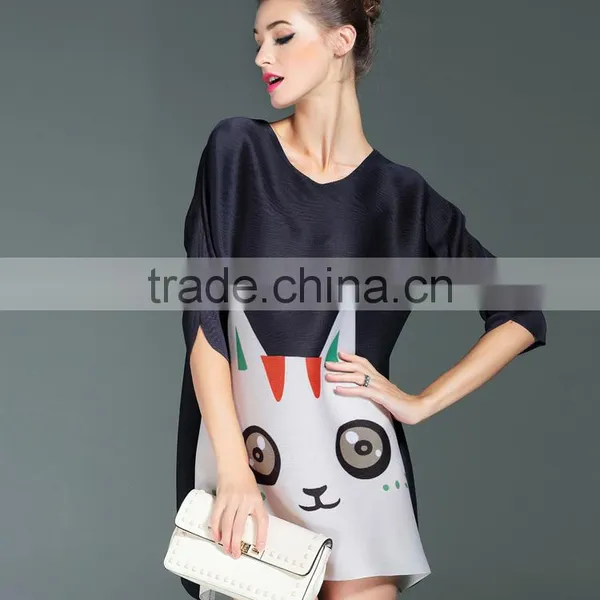 Lovely Cat Print Women Loose Custom Design Casual Dress photo-3