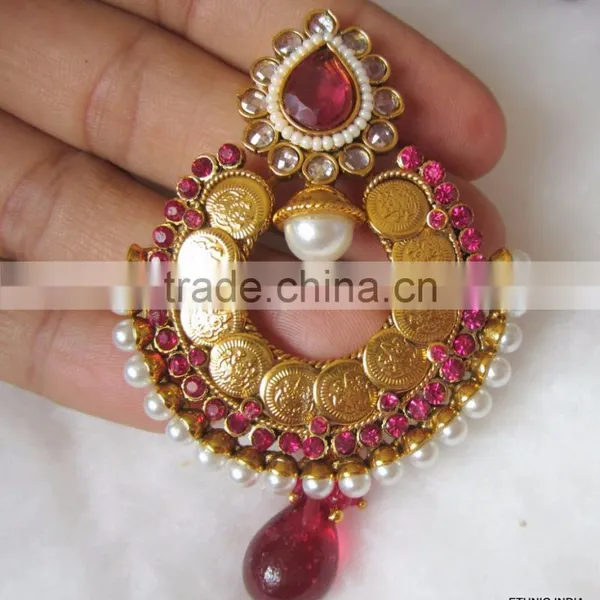 Pinl Dangler Gold Tone Coin Dangler POLKI EARRINGS photo-2