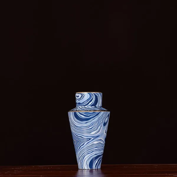 Electroplate Chinese Modern Simple Blue White Stripe Ceramic Vase Art For Living Room photo-4