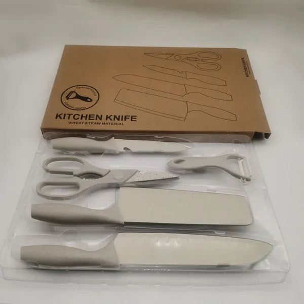 5 Pcs Cream Wheat Straw Kitchen Knife Set With Box Package photo-2