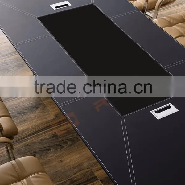 Luxury Office Furniture Decoration Black Tempered Glass Top Leather Cover Conference Room Table With Power Outlet photo-3
