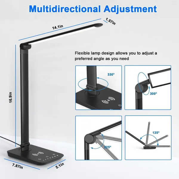 LED Desk Lamp With Wireless Charger, USB Charging Port, 12W Eye-Caring Desk Lamps for Home Office, Desk Light With 5 Lighting Modes & 7 Brightness Levels,Touch Table Lamp With 30/60 Mins Timer(Black) photo-3